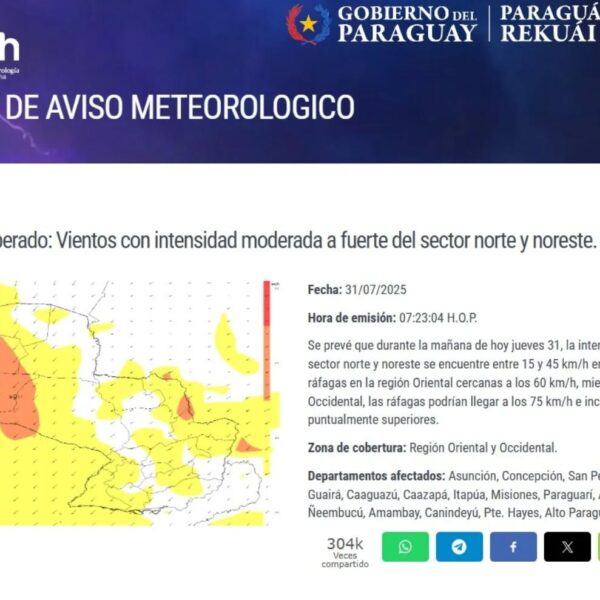 Alerta por fuertes vientos en Paraguay